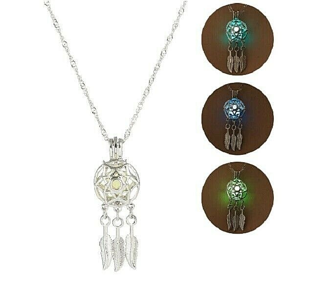 Glow in the Dark 1/2″ DREAM CATCHER Pendant with Dangle Feathers 17″ Necklace