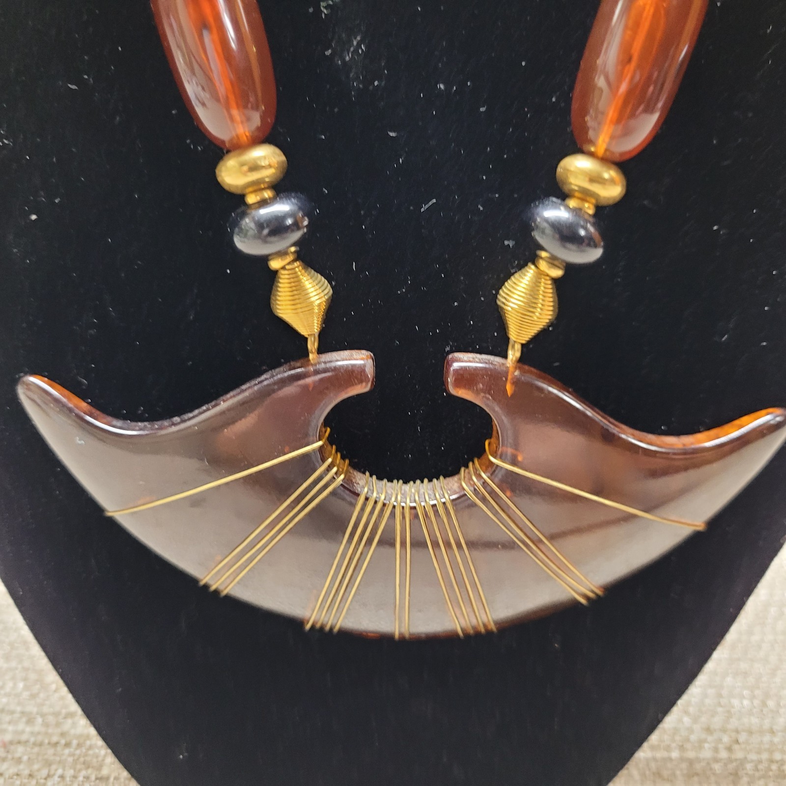 Vintage Lanvin Paris Faux Tortoise & Black w Gold Tone Metal Beaded Necklace 20″