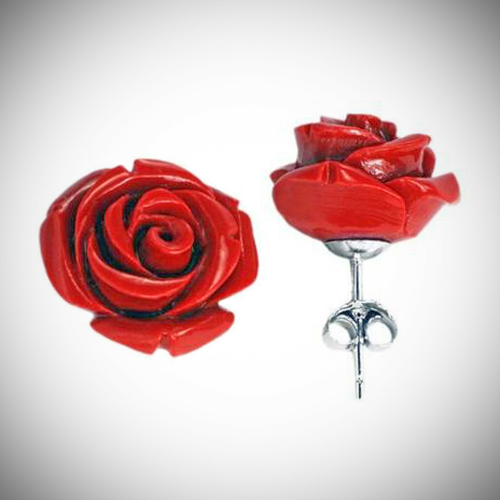 15mm Coral Red Rose Post Earrings in SOLID Sterling Silver – NEW!