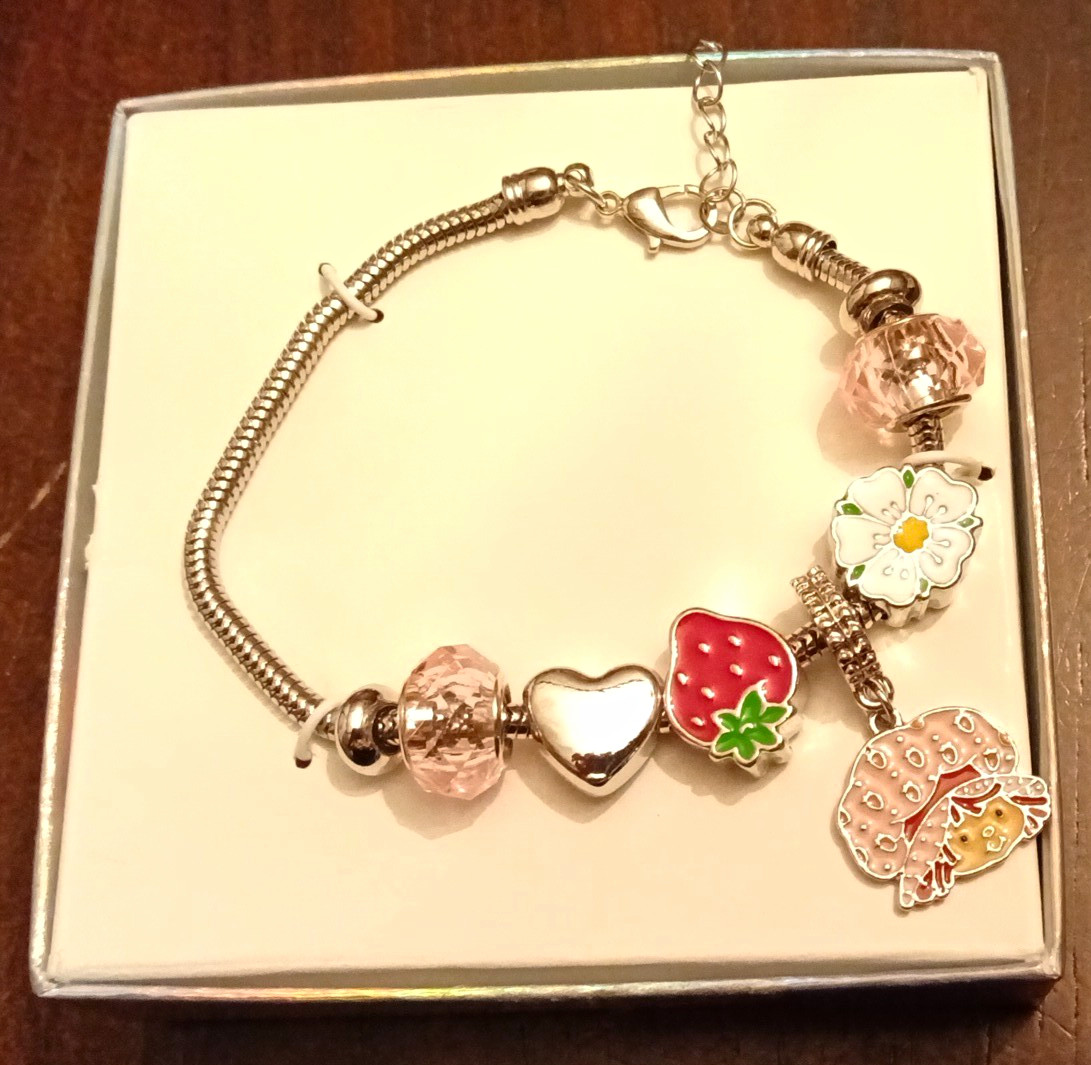 Silver Tone Snake Chain Charm Bracelet Pink Crystal Beads Heart