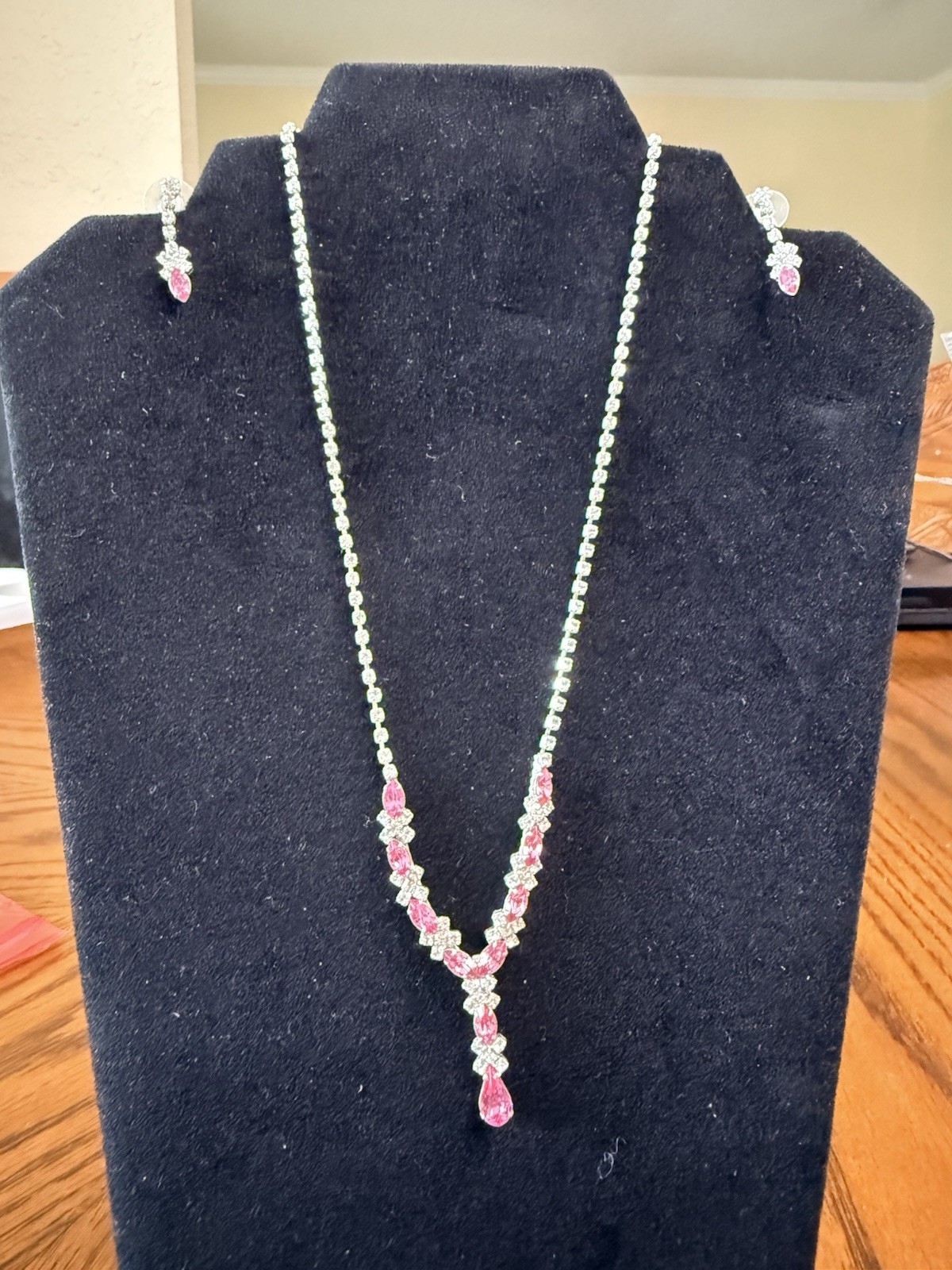 Vintage Pink Teardrop Crystal Drop Pendant Necklace and Earrings