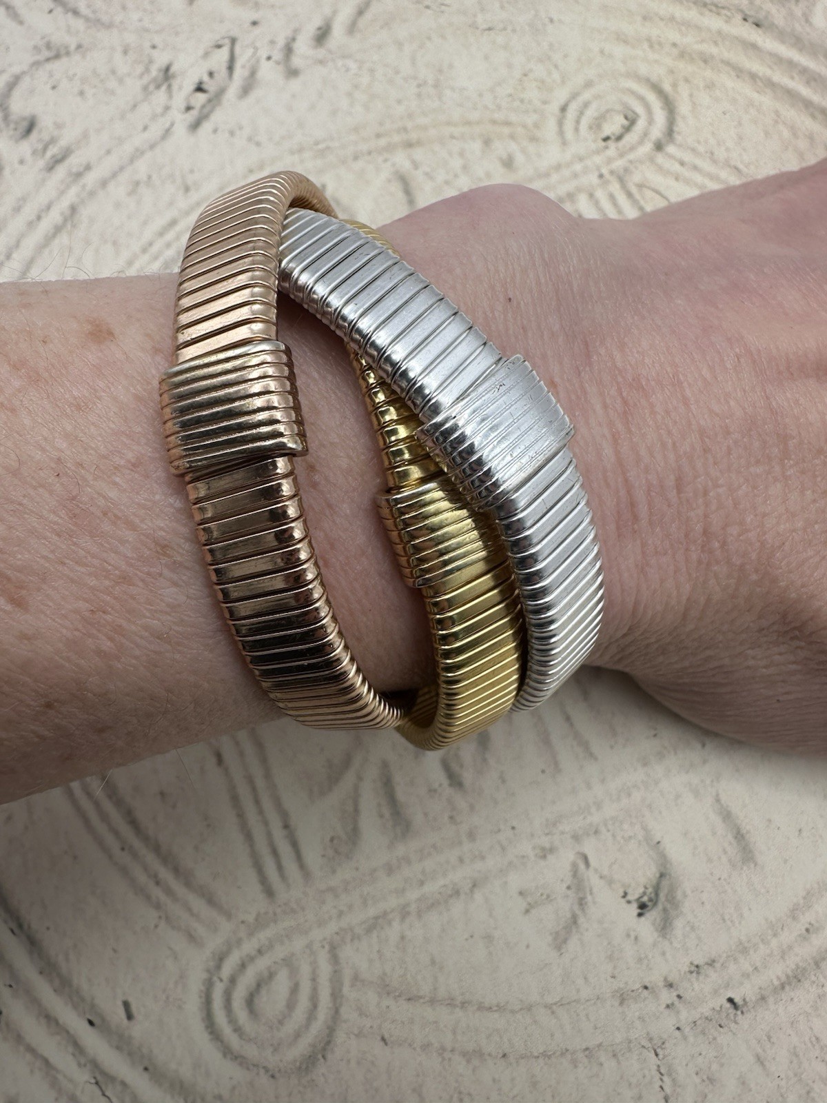 J. Crew Omega Interlocking Stretch Bracelets Tri Color Gold Silver Rose SOLD OUT