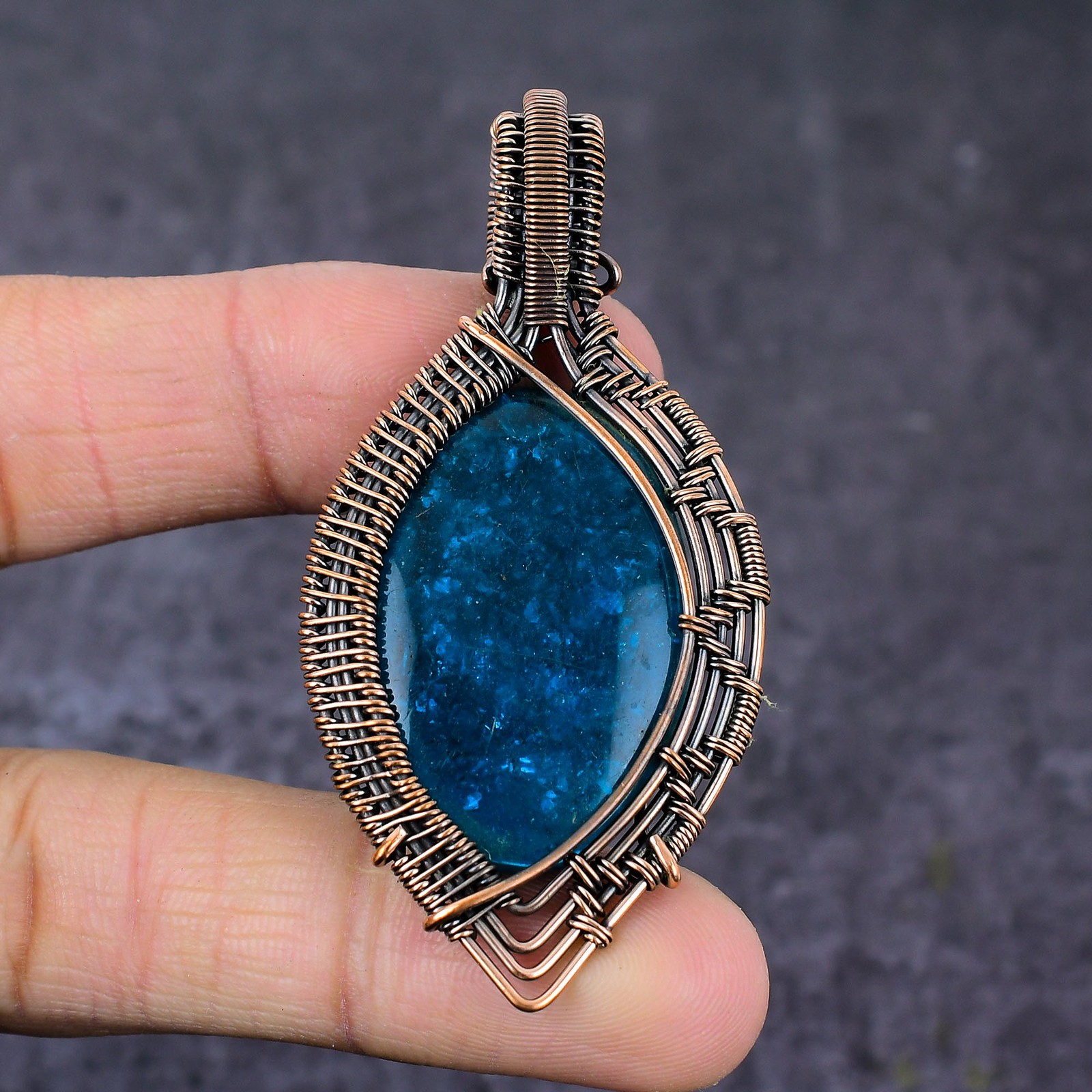 Blue Amber Gemstone Handmade Copper Wire Wrap Gift Jewelry Pendant 2.76″ Z630