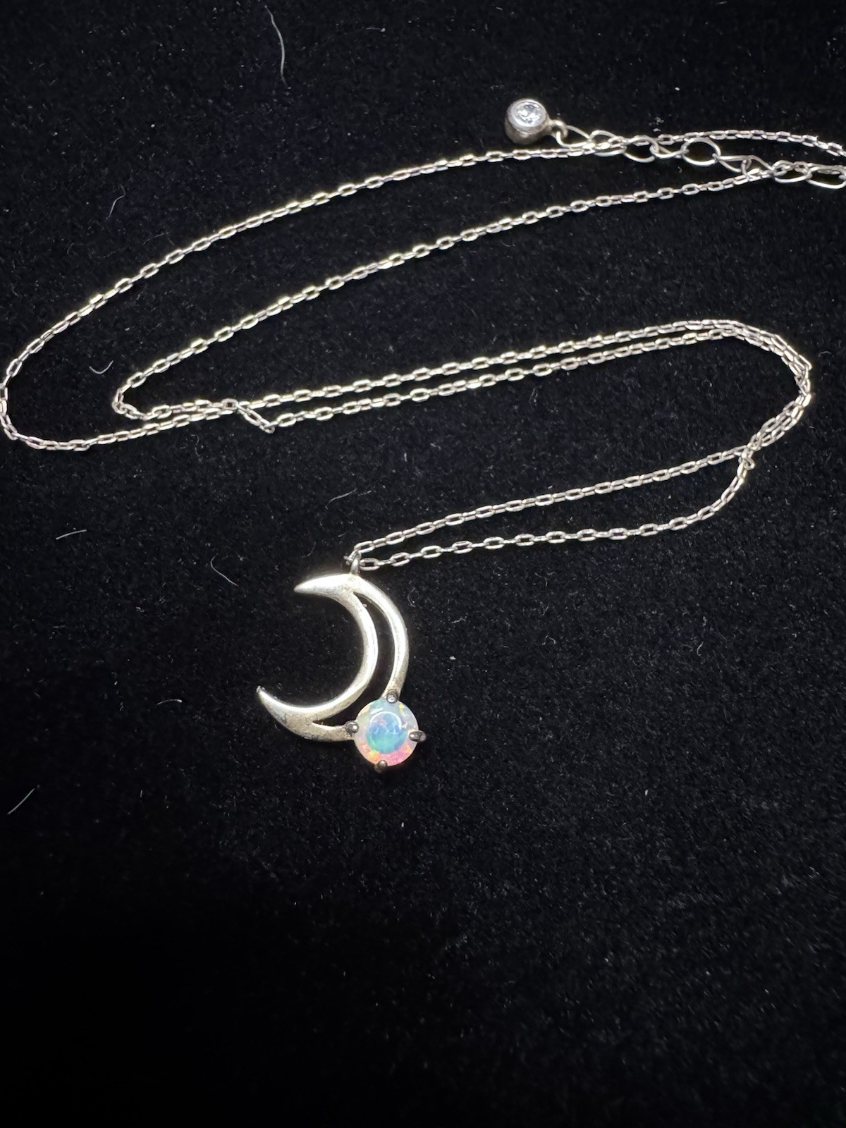 Sterling Silver 925 Crescent Moon Opal CZ Pendant Necklace Cable Chain Signed