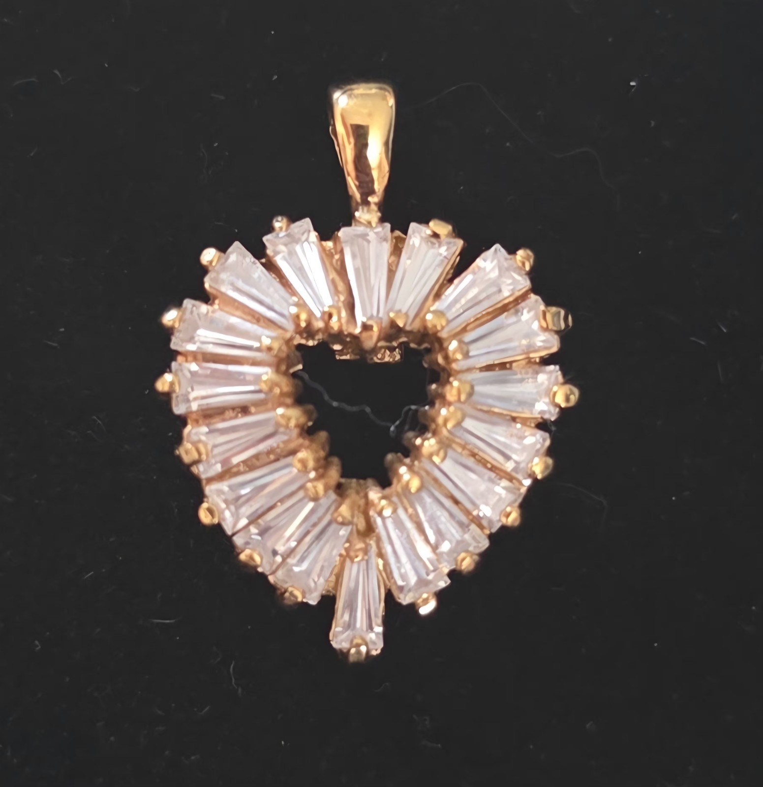 .925 Heart Charm Pendant in Yellow Gold Metal w/ White Baguette CZ, Prong Set