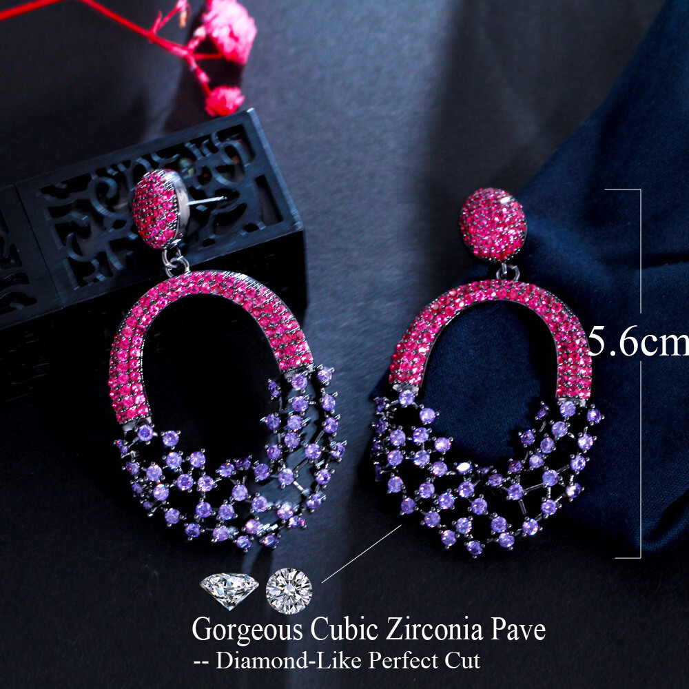 Lady Gorgeous Black Gold Plated Hot Pink Purple Zircon Long Dangle Drop Earrings
