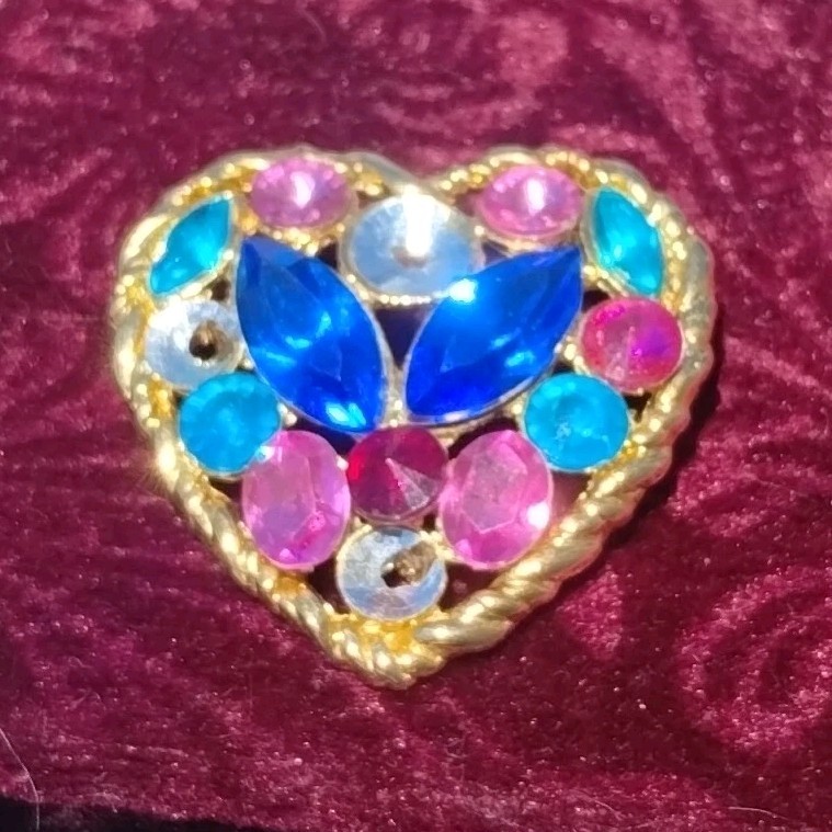 vintage Gold Tone Heart Love Brooch Pin Marquise Rhinestones Blue Pink Prong Set