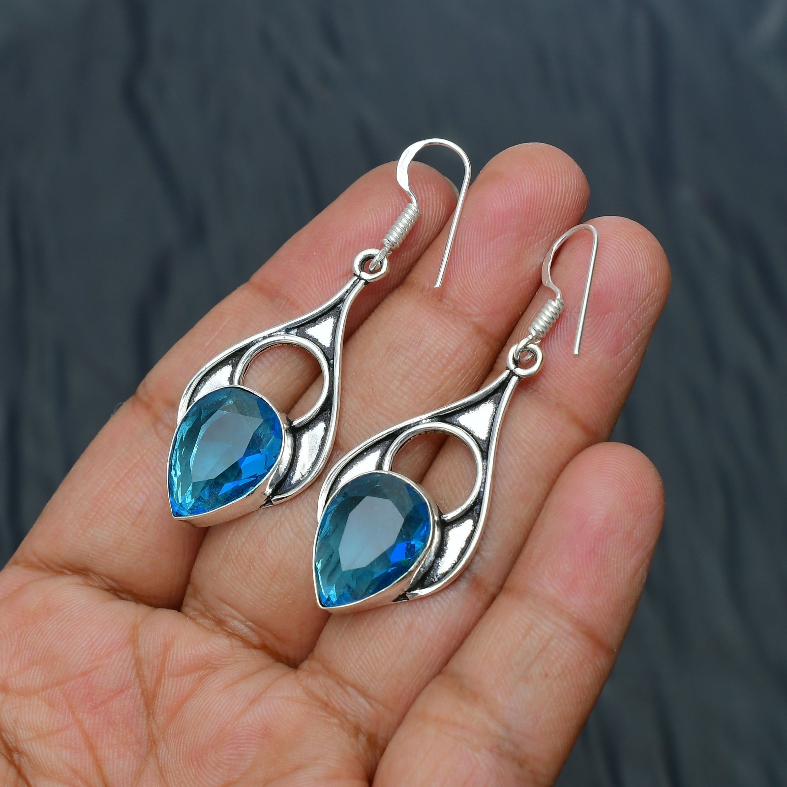 Blue Topaz (Lab-Created) Gemstone 925 sterling silver Handmade Earring 1.96″