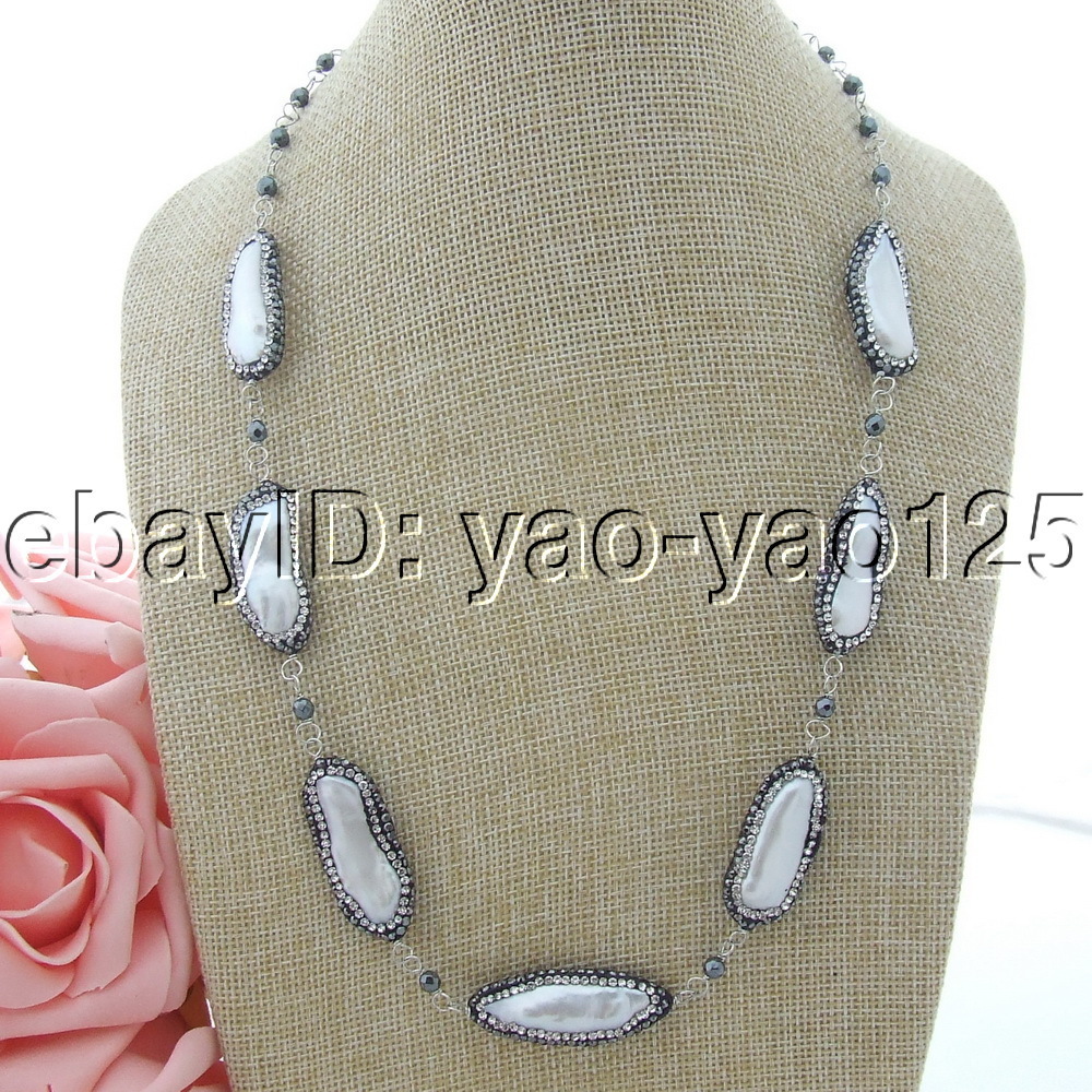 22” Freshwater Cultured White Biwa Pearl Black Hematite Necklace