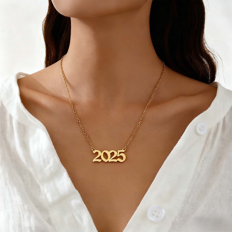 Women’s Fashion Simple Golden Necklace 2025 Digital Pendant Necklace Alloy