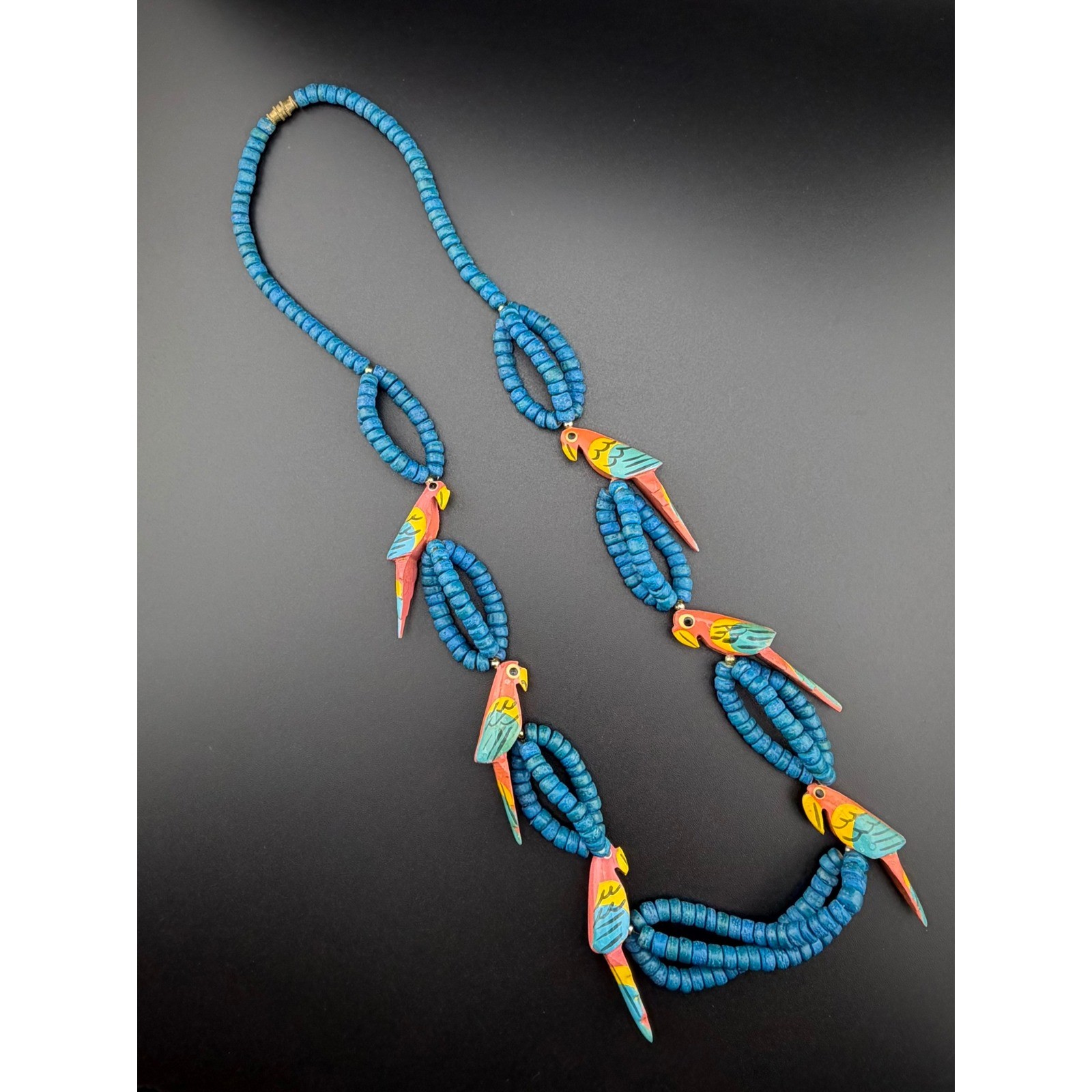 Parrot Bird Wood Bead Necklace Blue Tropical Hand Painted Boho Statement