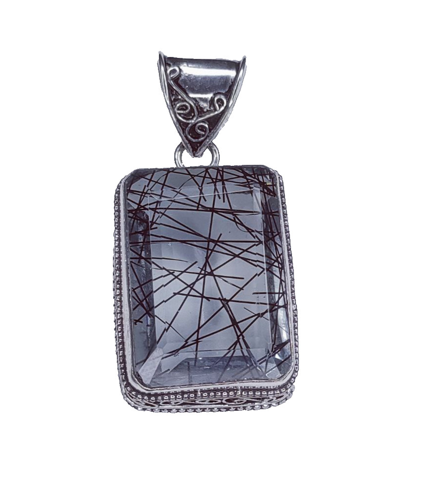 Black Rutialted Quartz Gemstone Handmade 925 Sterling Silver Jewelry Pendant 2″