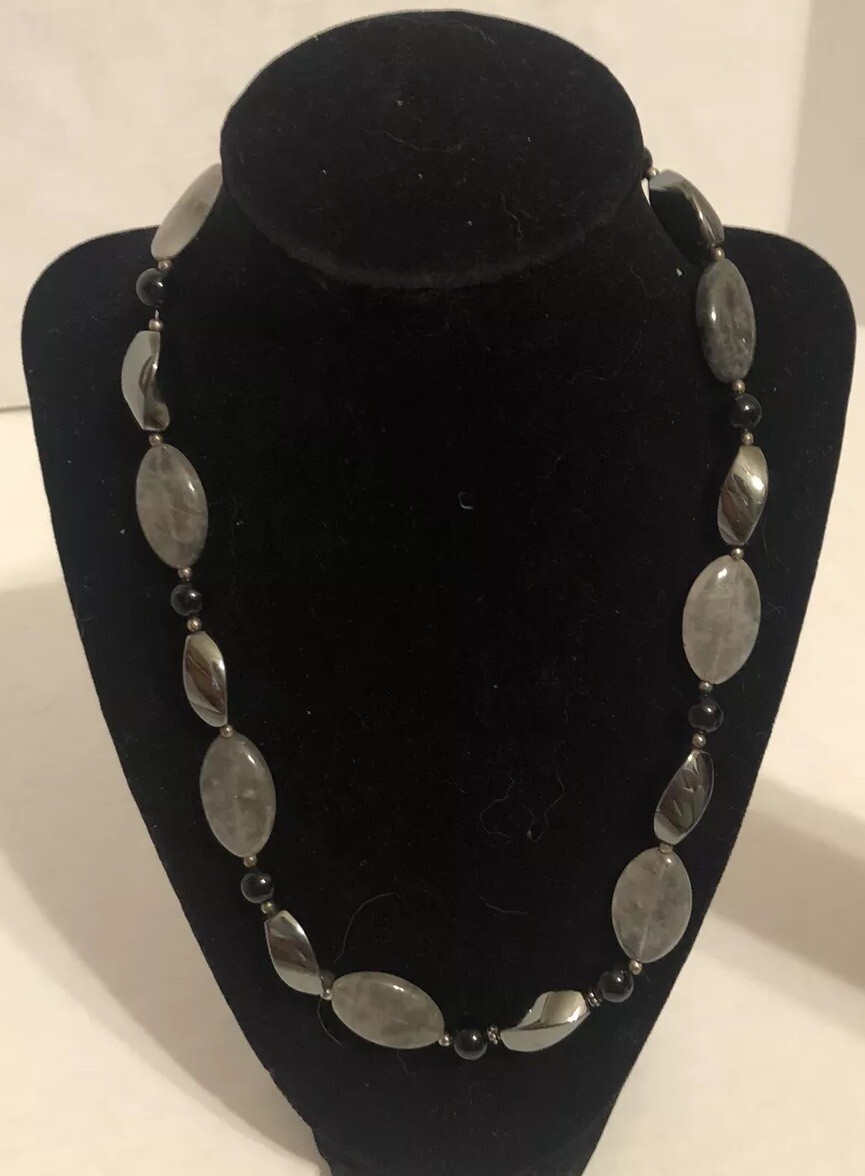 Donna Dressler Gray Black Necklace Smooth Stone Jewelry Sterling Silver 926