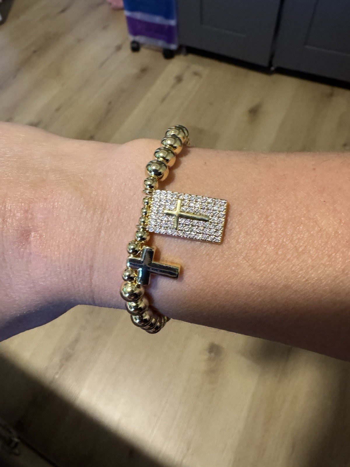Gold Tone Stretch Beaded Charm Bracelet w/ Dangle Cross Clear Pave Rhinestone
