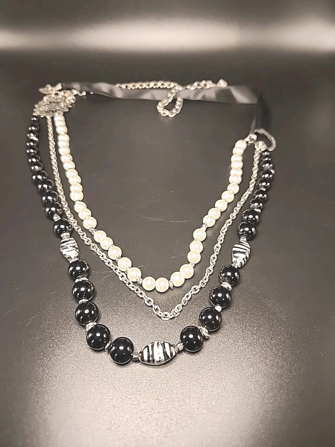 NY 41″ Adjustable Layered Necklace Faux Pearls, Silvertoned Chain, Black Acrylic