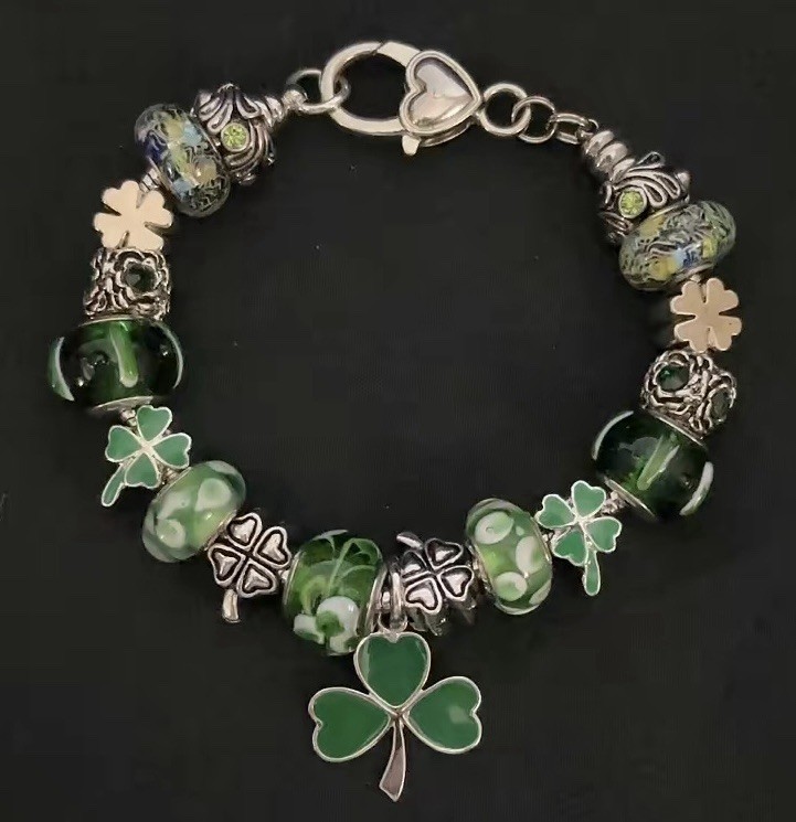 European Charm Bracelet Green Silver White Shiny Crystals Shamrocks