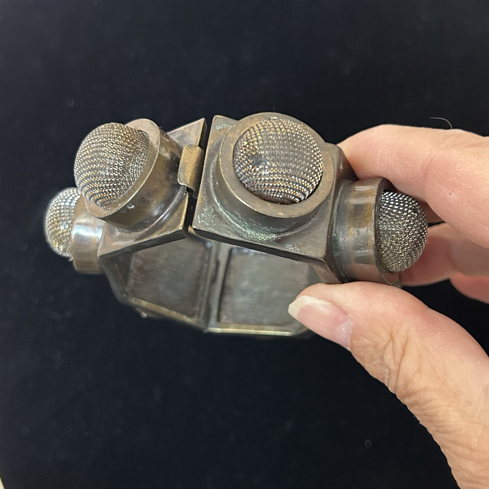 Vintage Industrial Punk Bracelet Gunmetal Mesh Stud Hinged Bangle Grunge Mic