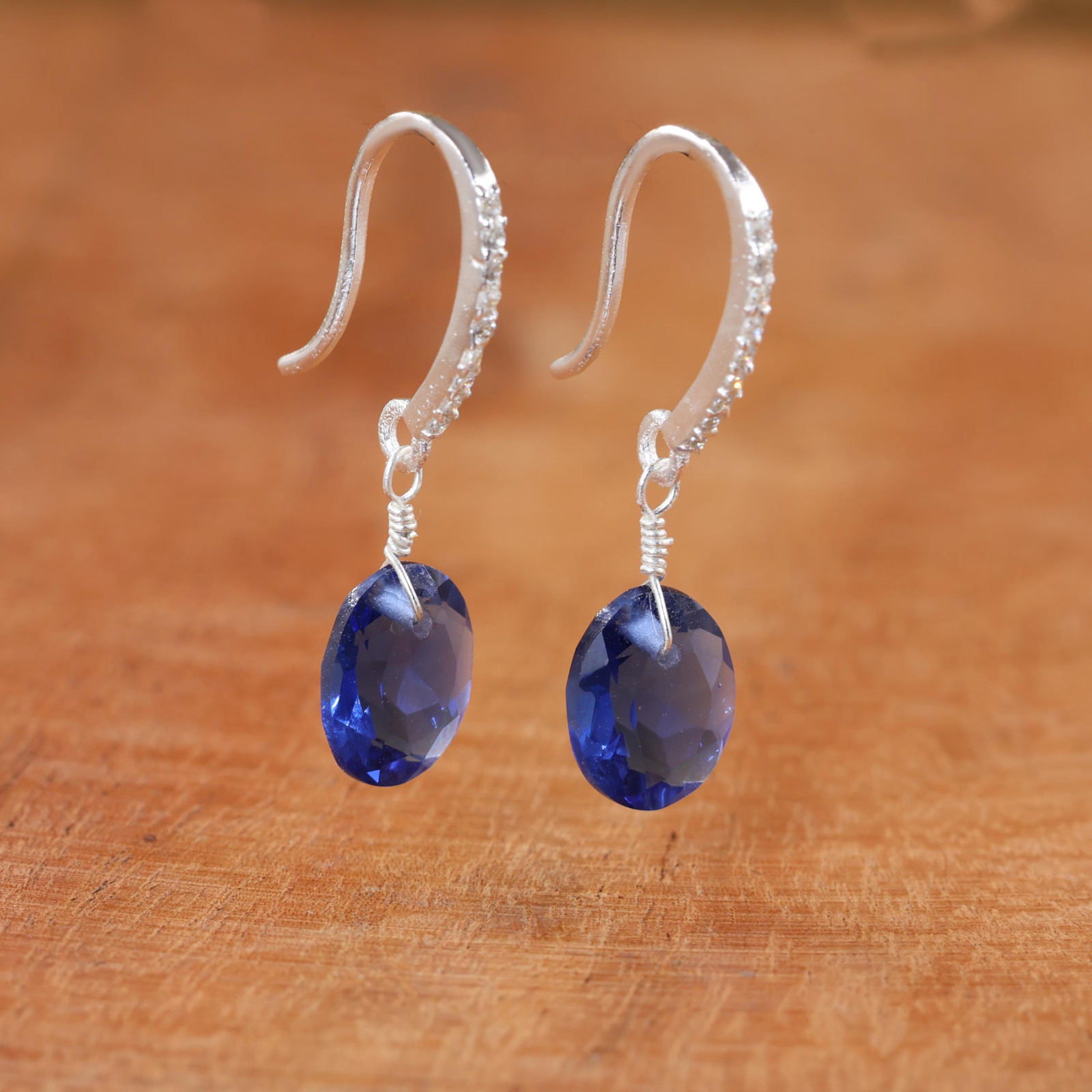 Blue Sapphire Oval Dangle Earrings, Boho Gemstone Earrings, Gift for Her