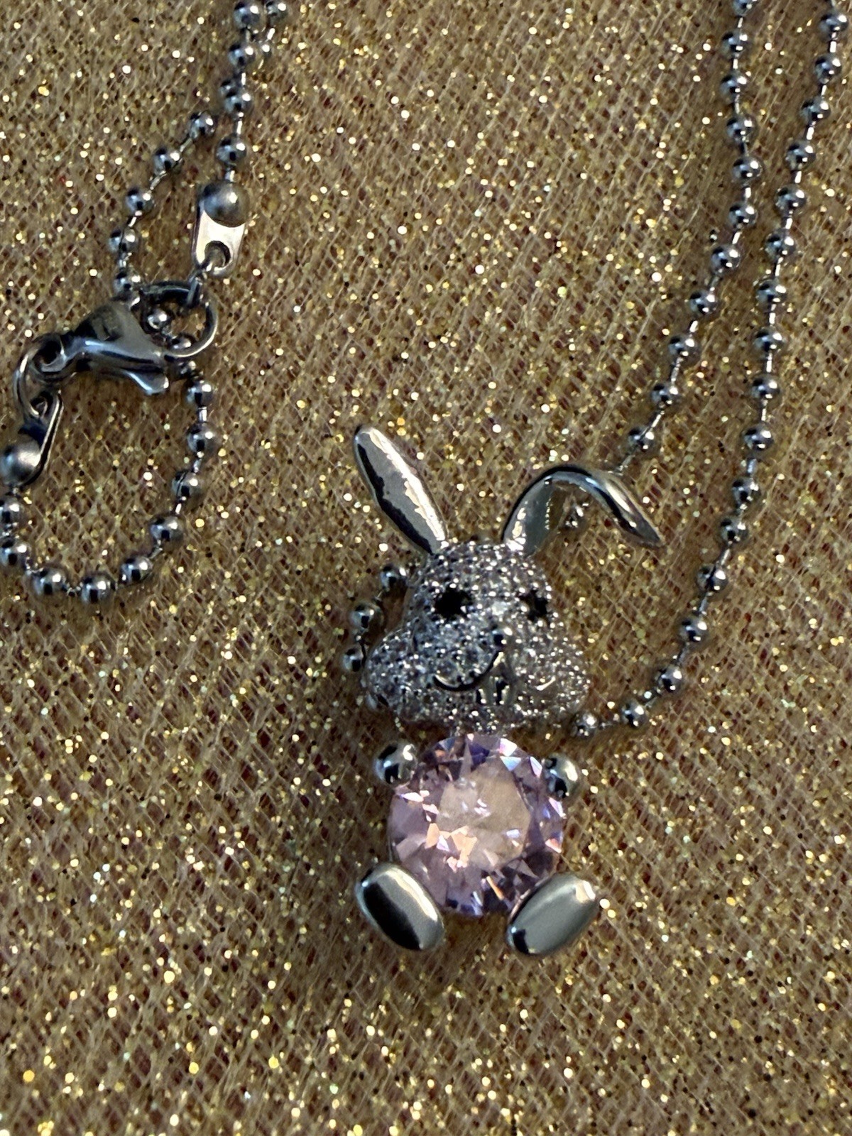Child’s Rabbit Pend. With Pink. And Wht. Zircon And Stain. Steel Chain, 16 In