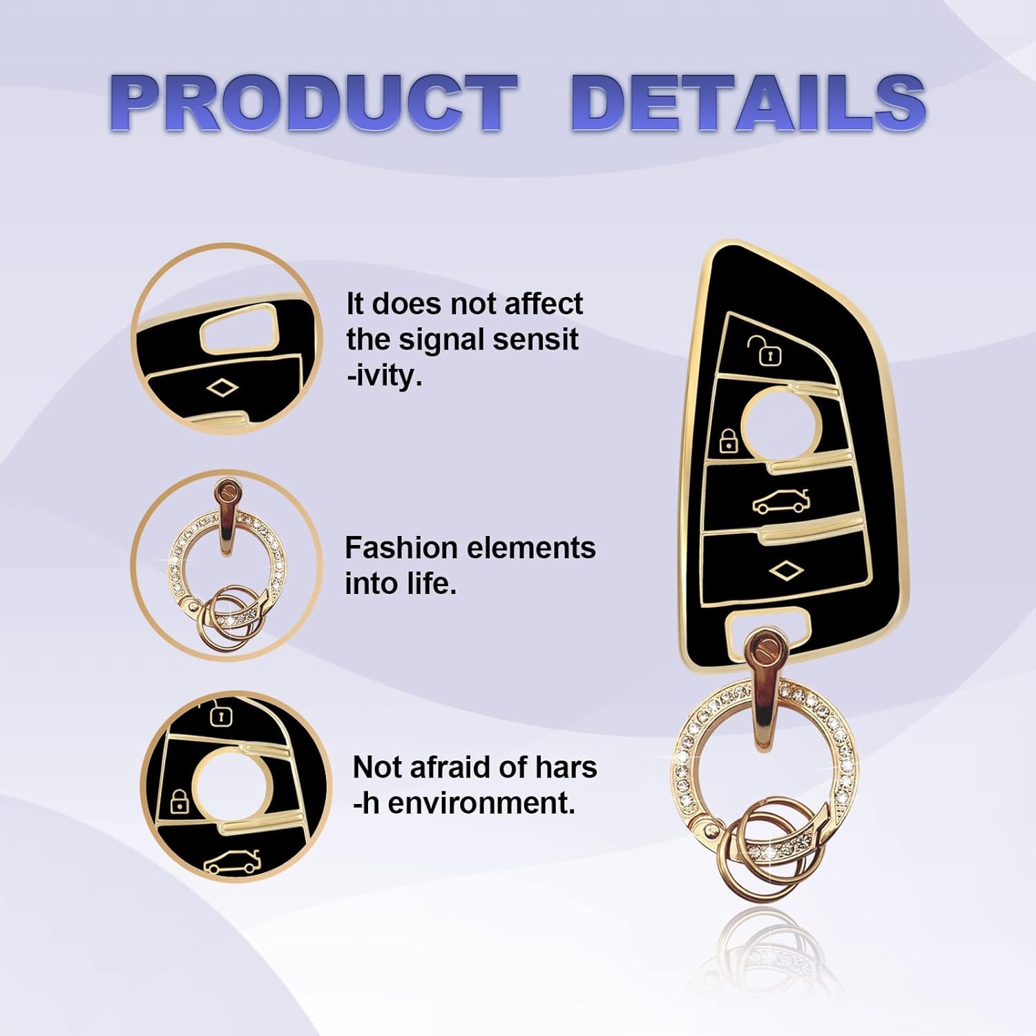 Soft TPU Key Fob Cover with Bling Keychain, Compatible with Color: 1pcs Black