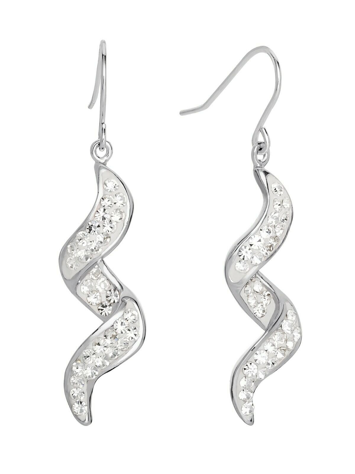 Fine Silver Plated Brass Clear Crystal Corkscrew Dangle Earring