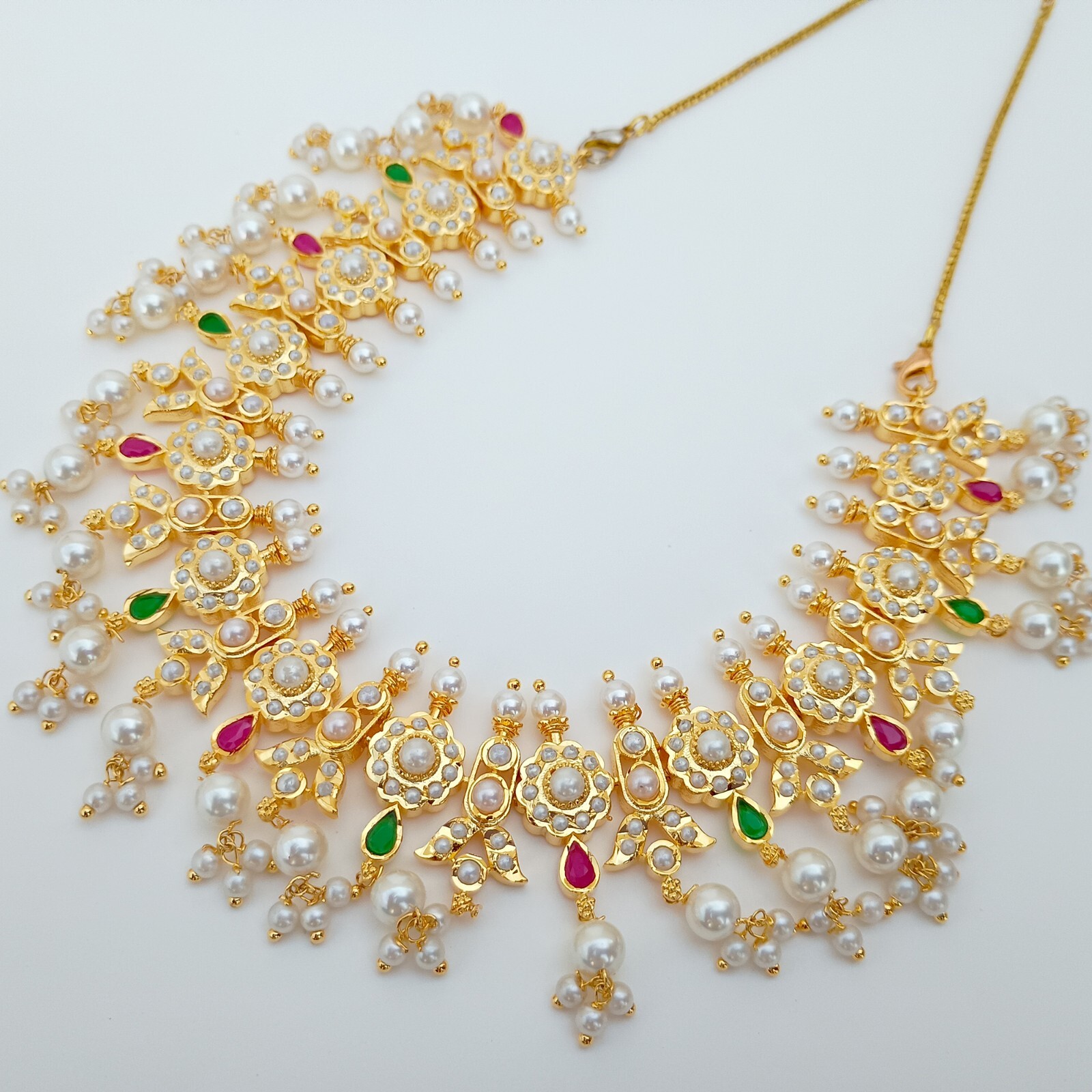 Premium Pearl & Ruby & Emerald Meenakari Necklace jewelry, Gold plated Necklace