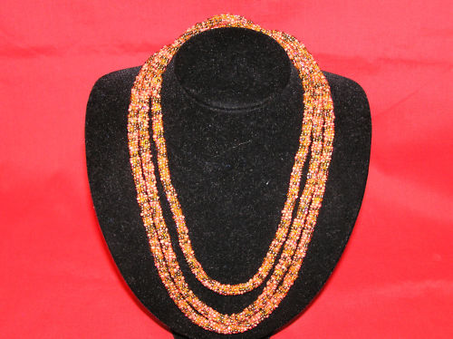 BEADED STRAND STRING NECKLACE ORANGE GOLD 64″