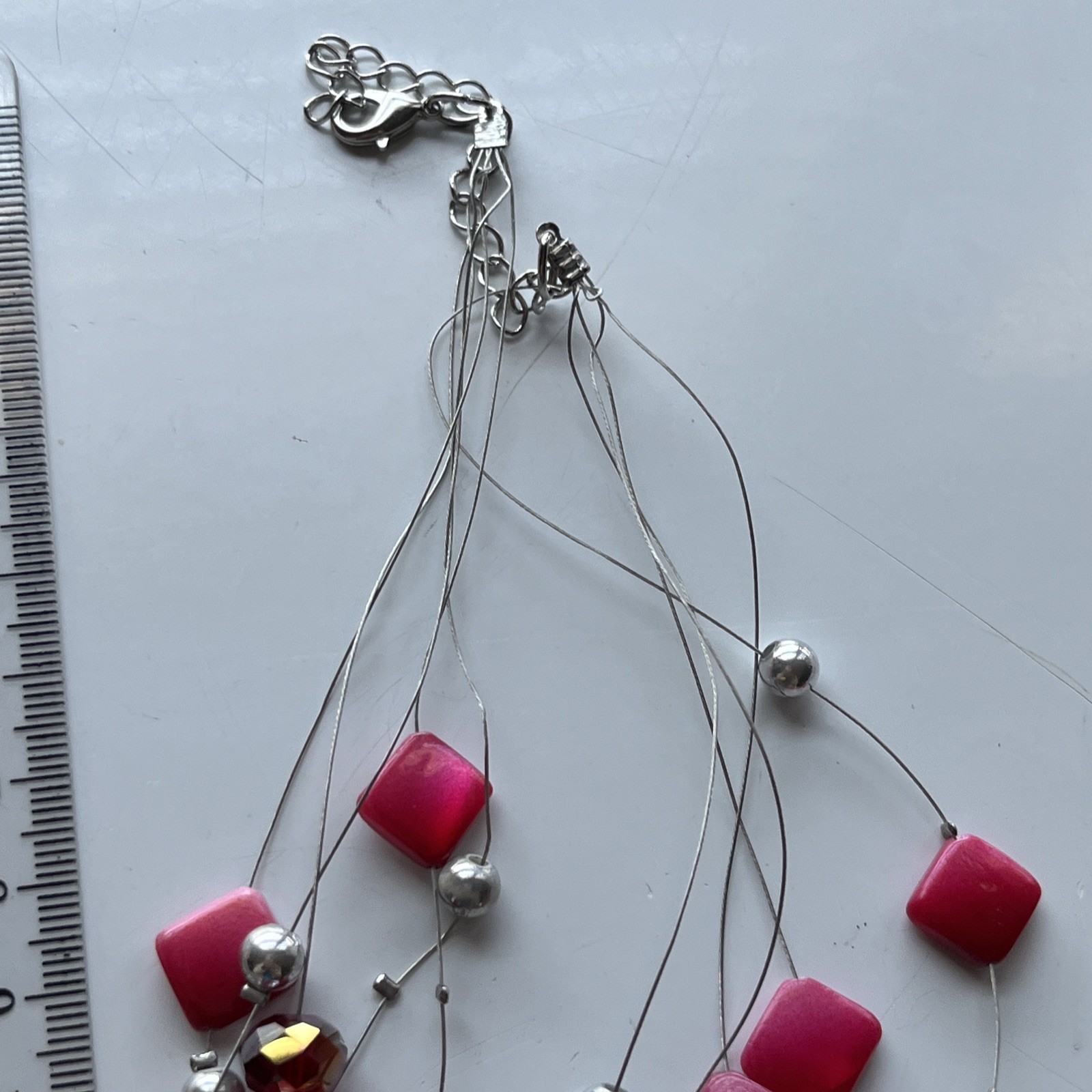 5 layers 27 inch Layered Hot Pink And Grey silver tones Beaded Necklace elegant