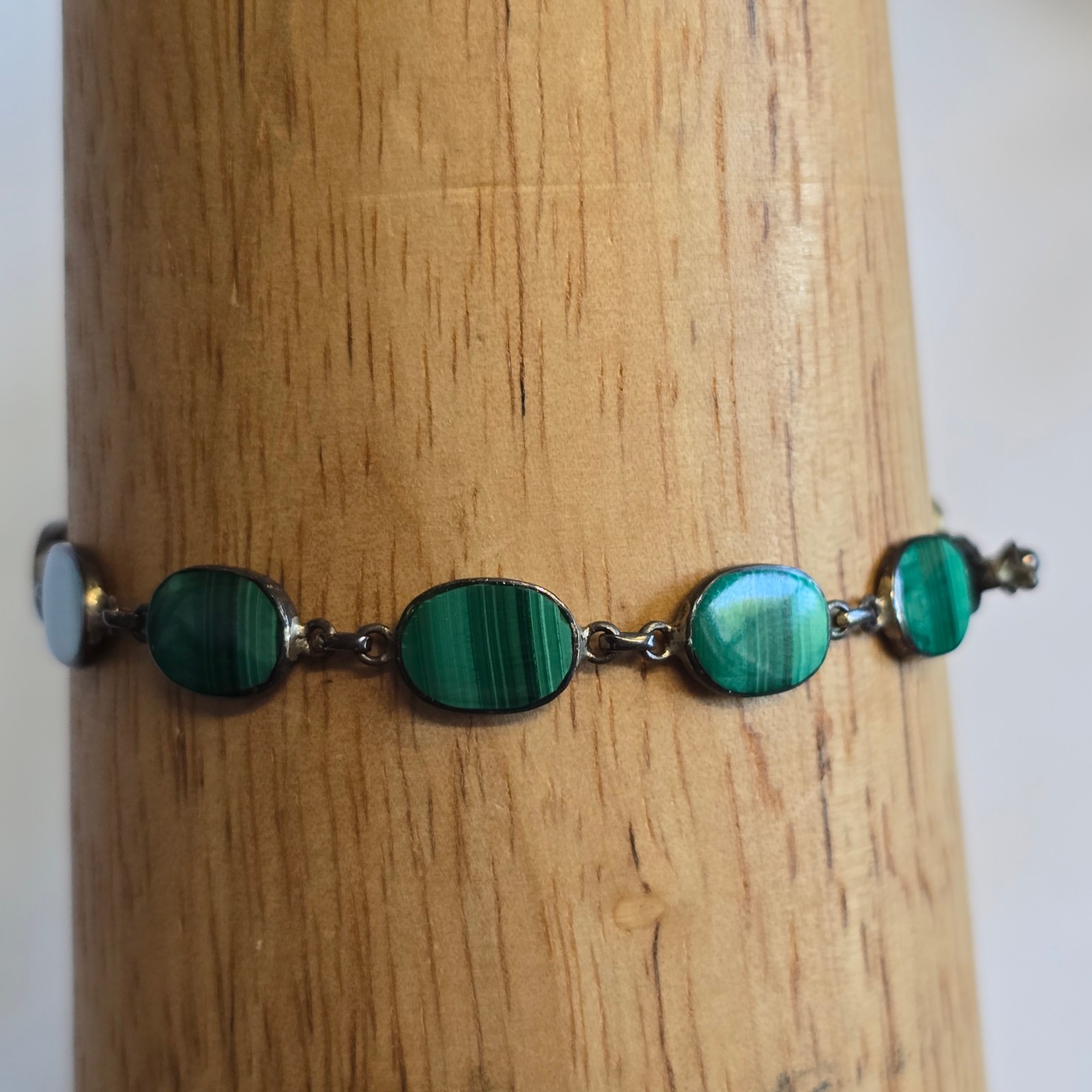 Sterling Silver Bracelet 7.4g Jewelry 7.5″ Malachite Look Unique Clasp *READ*