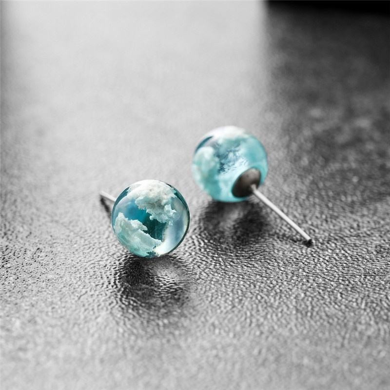 Blue Sky Cloud Glass Orb Stud Earrings Resin Marble Ball Jewelry Gift Women