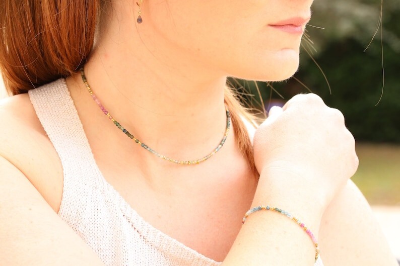 A+ Multi Tourmaline Faceted Round Gemstone Gold Filled Beads Necklaces 18″ Women