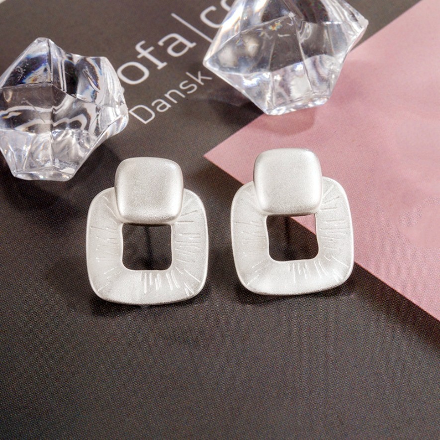 Minimalist Matte Silver Plated Brushed Textured Hollow Square Daily Stud Earring