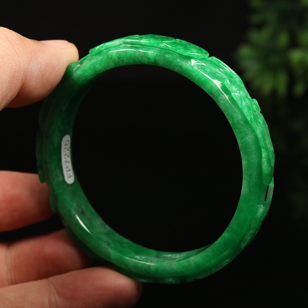 59mm Emerald Green Jadeite Jade Bangle Bracelet Handmade Ruyi Flower Bat A-14505