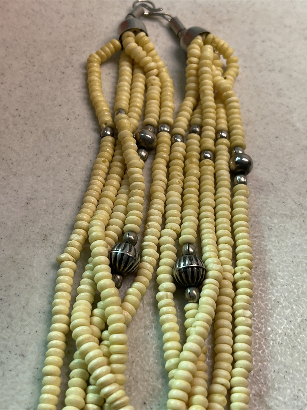 Multi Strand Cream/Silver Bead 19.5” Necklace Round Disk Native American Looking