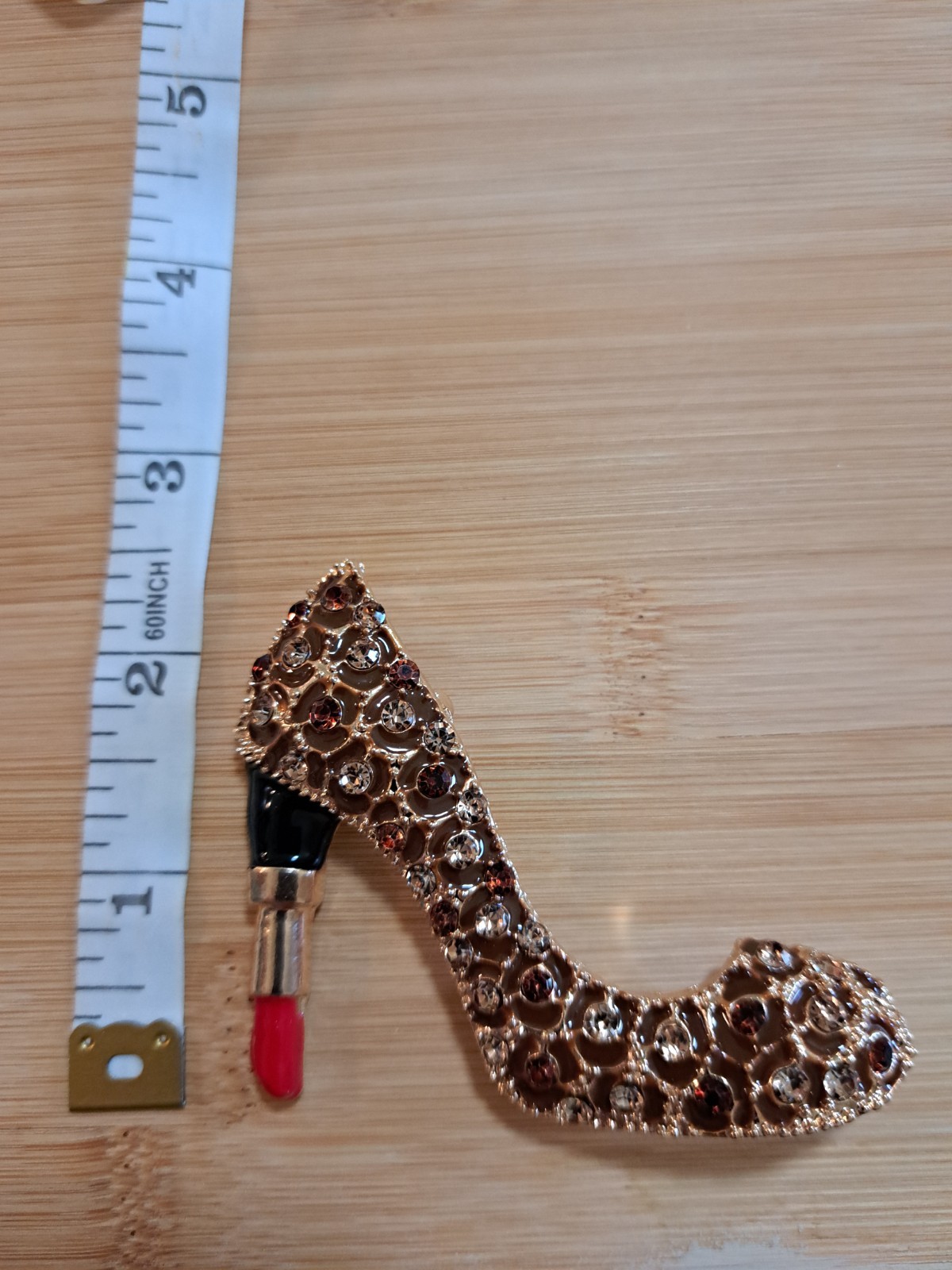 High Heel Shoe & Lipstick Enamel Rhinestone Fashion Brooch Pin Gold/Red