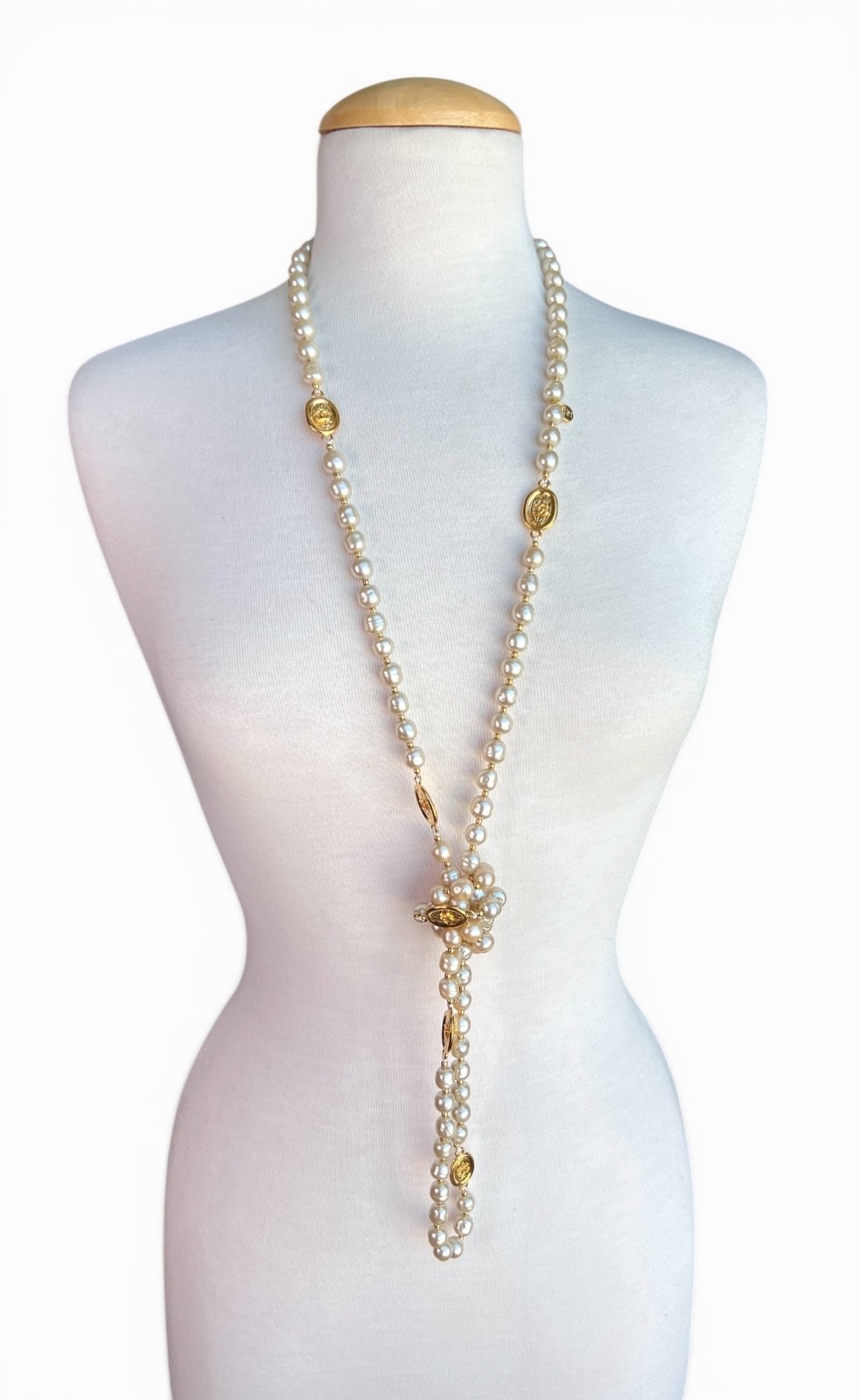 MINT Vintage CHANEL 1981 24K CC Station Faux Pearl Sautoir Necklace Goossens 62″