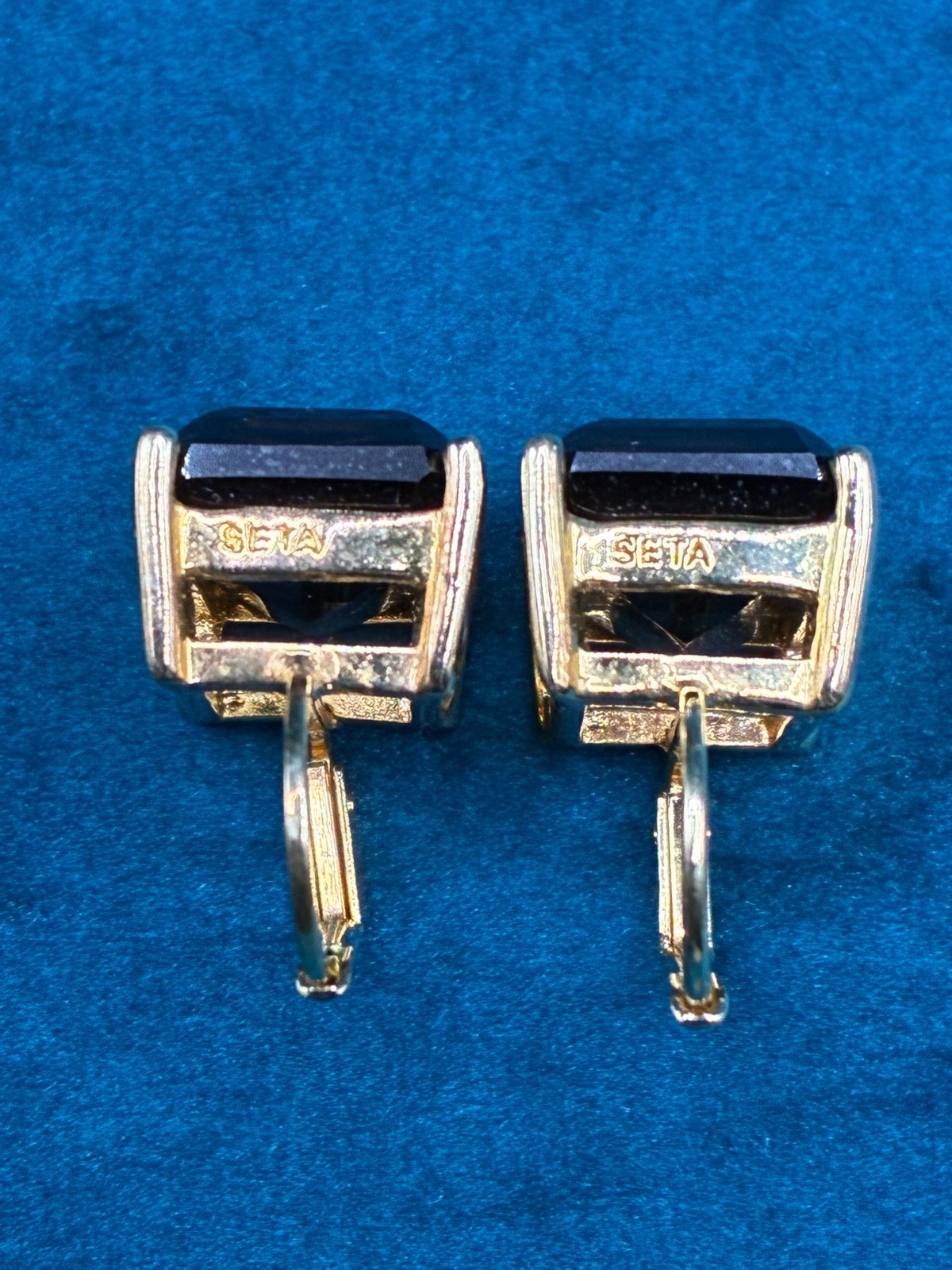 Smoky CZ Earrings SETA Emerald Cut Prong Set Lever Back Gold Tone .75″