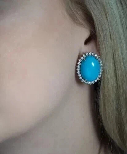 3 Ct Oval Cut Simulated Turquoise & Diamond Stud Earring 14k White Gold Finish
