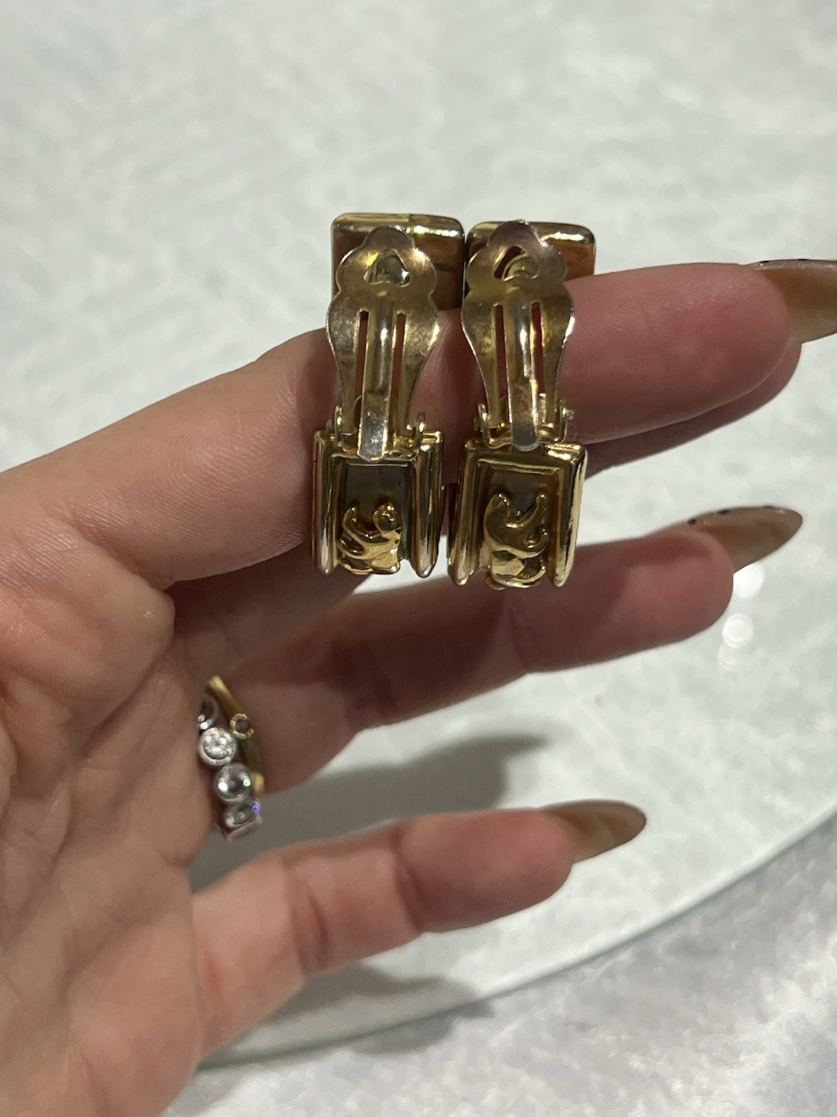 Gold Tone Clip-On Hoop Earrings Rectangular Textured Metal No Stone