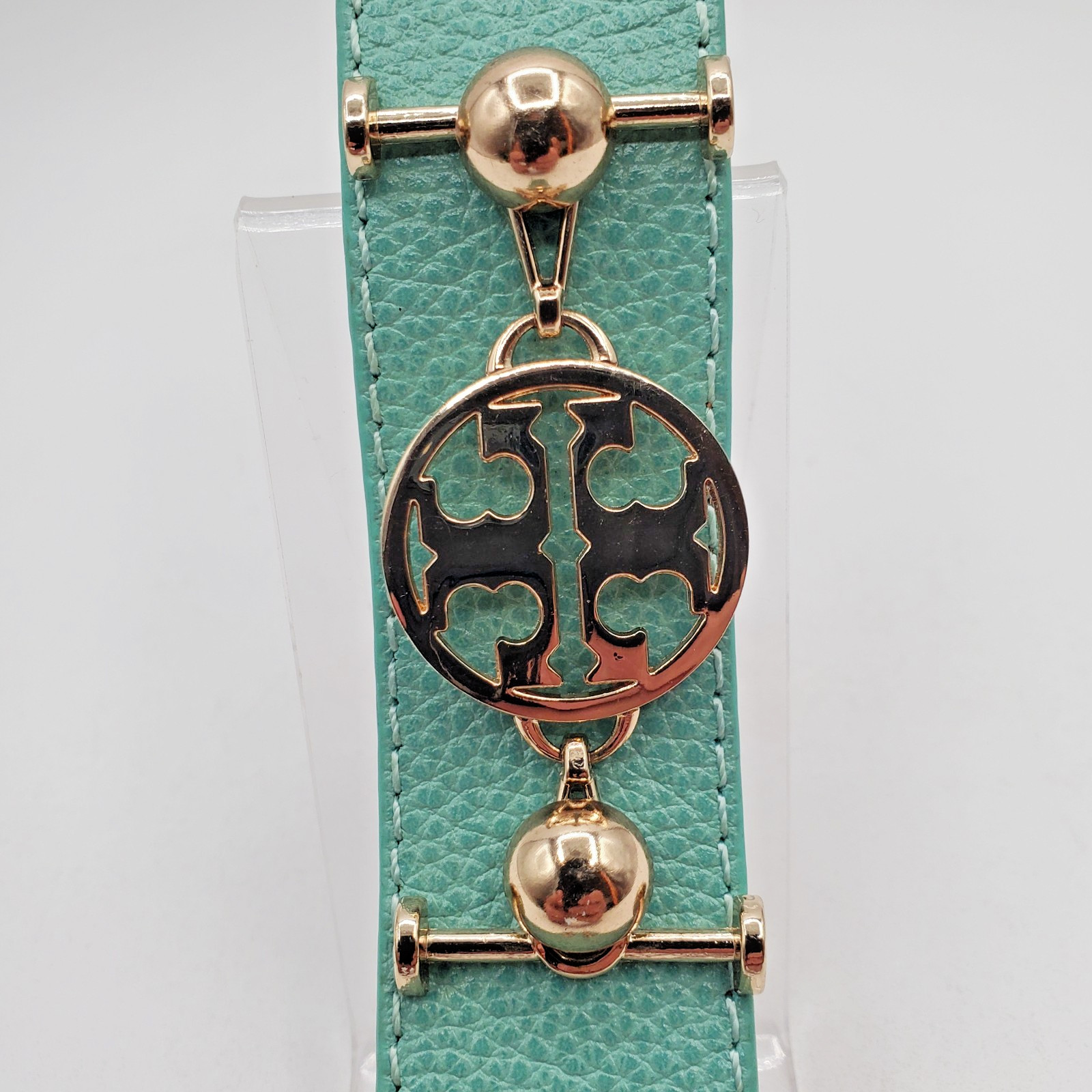 TT Monogram Wrap Bracelet 1in Wide Mint Green Pebble Leather Gold Tone Hardware