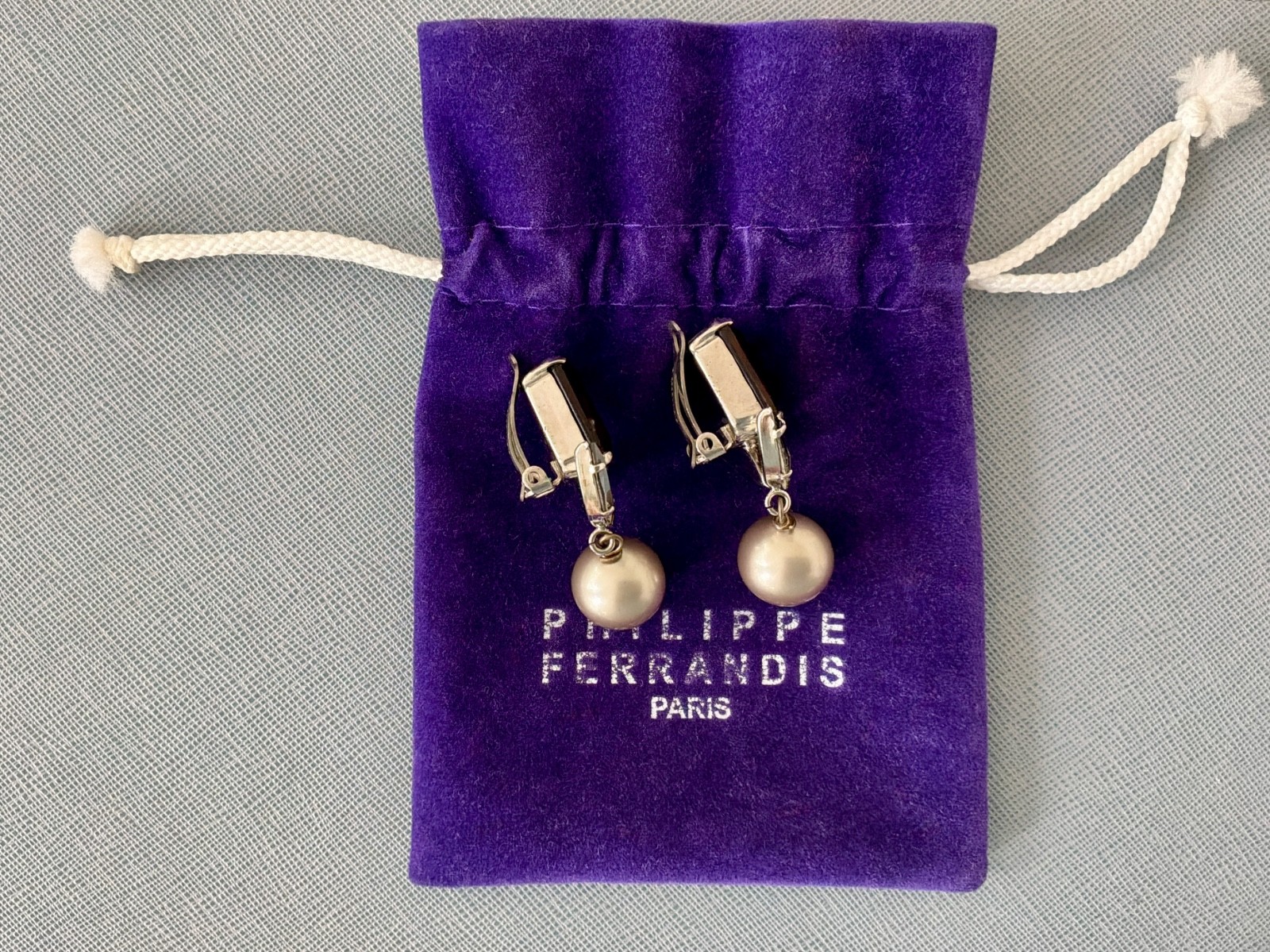 Philippe Ferrandis Paris Silver Crystal Pearl Drop Earrings Clips