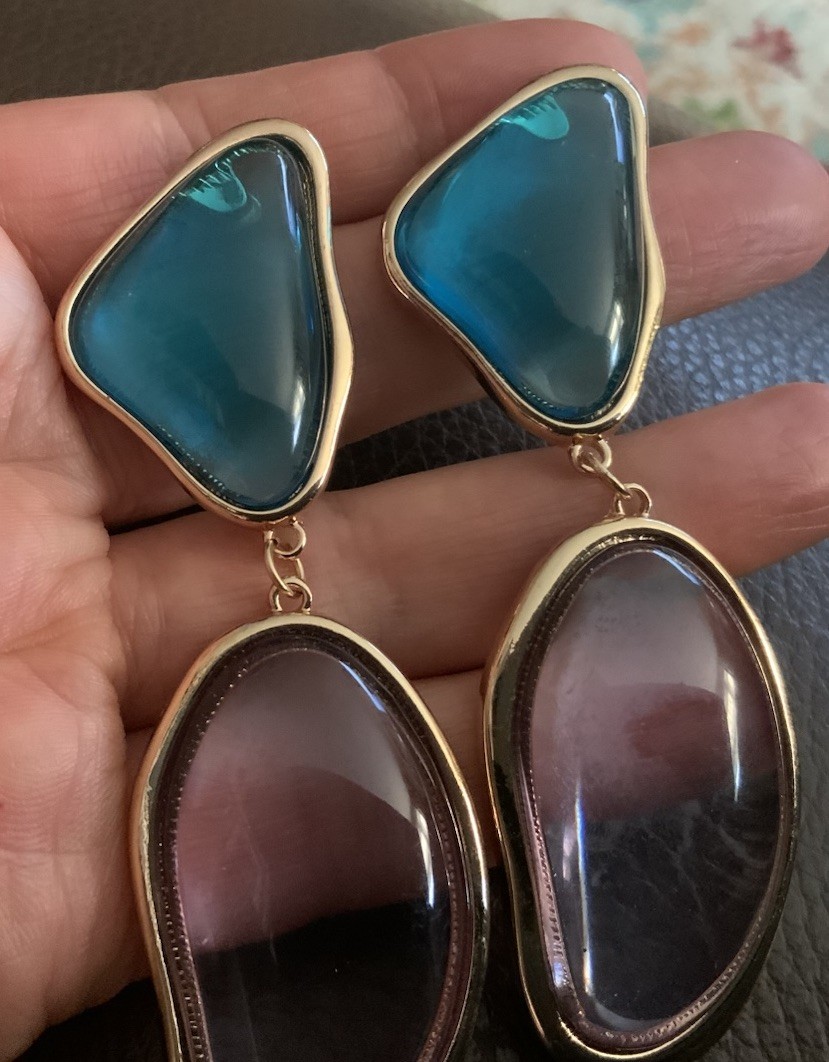 Natasha Clear Earrings Gripoix Lucite Gold Cabochon Boho Geometric Statement VTG