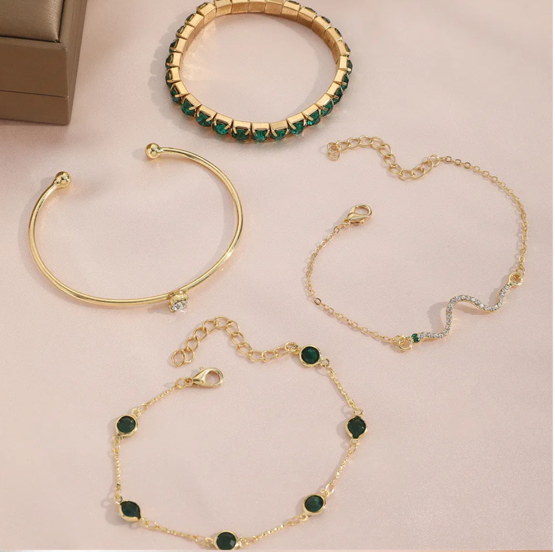 4Pcs Green Crystal Bracelet Set Women Gold Chain Stretch Bangle Jewelry Gift