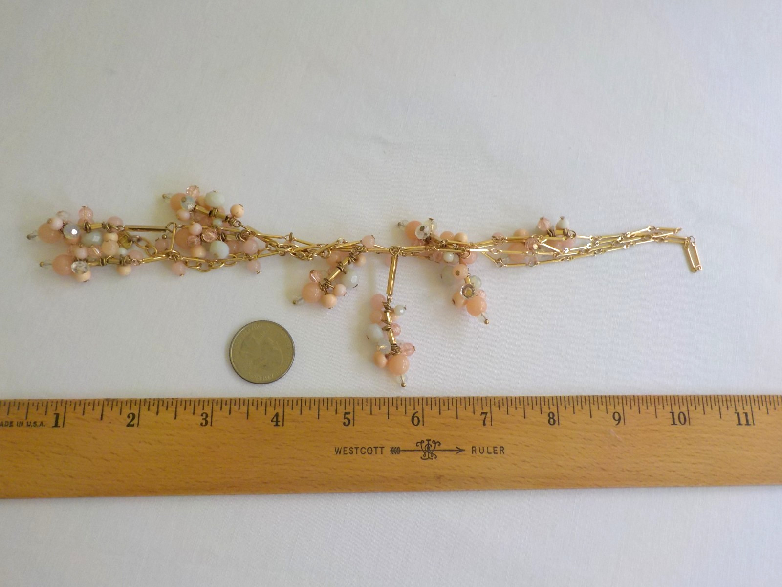 Talbots Dangle Necklace Plastic Gold Tone Metal Long Beads Peach Pink Cluster