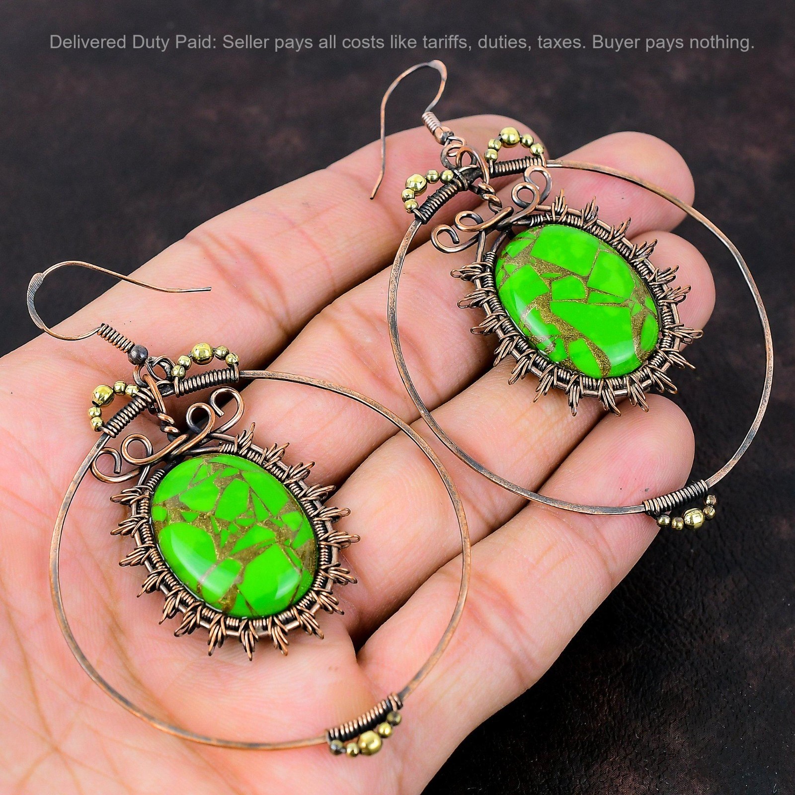 Copper Green Turquoise Gemstone Copper Dangle Drop Wire Wrapped Sister Earrings