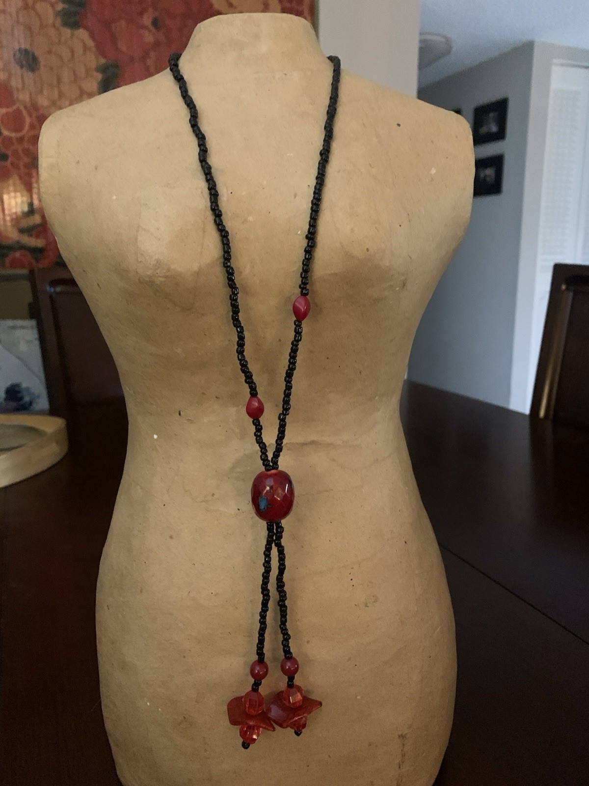 Black Plastic Beaded Lariat Necklace w/ Red Oval Tassel Pendant, No Clasp
