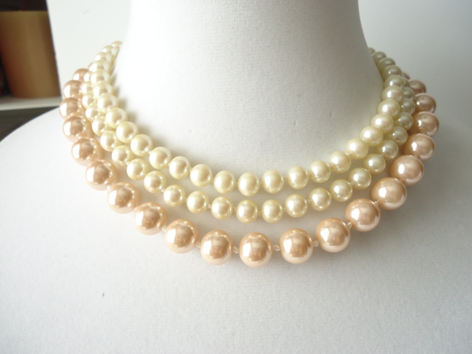 3 Faux Pearl Necklaces Cream, White, Pale Peach Color W/Pale Pink Glass Beads