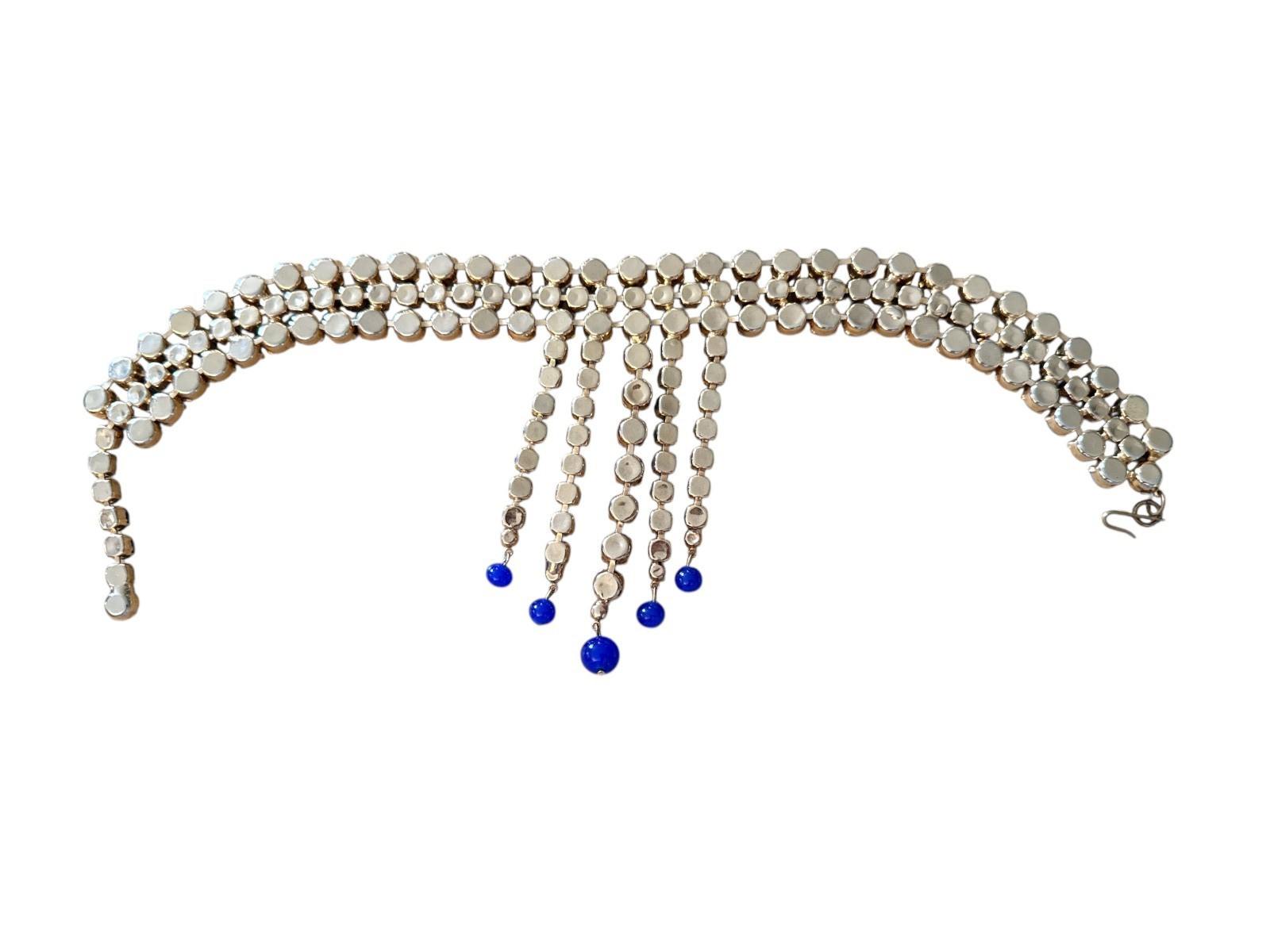 Unmarked Vintage Blue Glass Cabochon Fringe Statement Necklace Bib Collar Hook