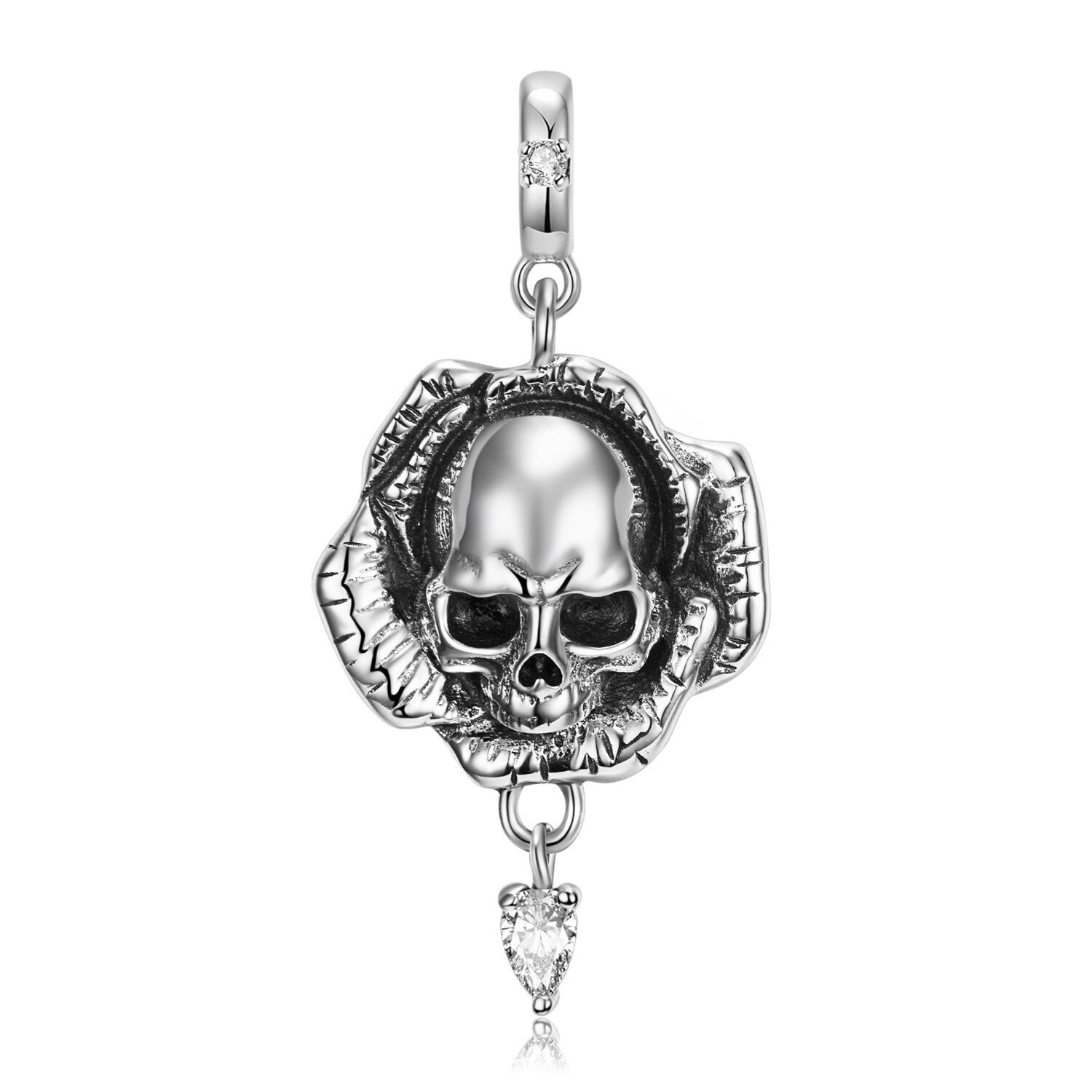 Skull in Flower Necklace Pendant Vintage Punk Gothic Charm 925 Sterling Silver