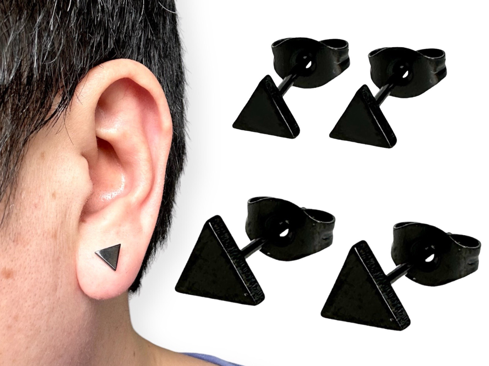 Triangle Flat Stud Stainless Steel Earring Black & Silver